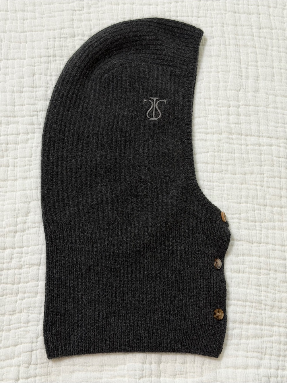 LilySilk Cashmere Ribbed Knit Balaclava in Charcoal Gray.